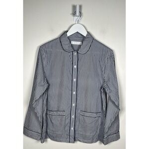 LAKE Pajamas Small Blue Striped Cotton Poplin Button Up Long Sleeve Pajama Top